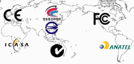 USA FCC・Europe CE・Korea KCC・Taiwan NCC and BSMI・Australia C-tick・South Africa ICASA・Brazil ANATEL